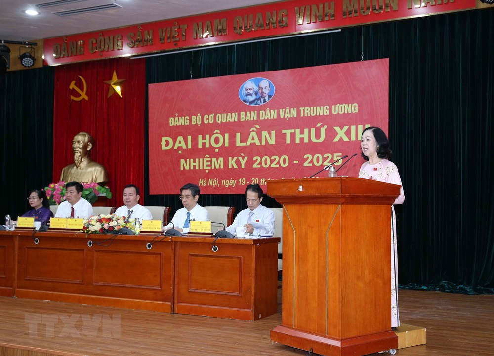 Bà Trương Thị Mai, Uỷ viên Bộ Chính trị, Bí thư Trung ương Đảng, Trưởng Ban Dân vận Trung ương phát biểu tại Đại hội. (Ảnh: Phương Hoa/TTXVN)