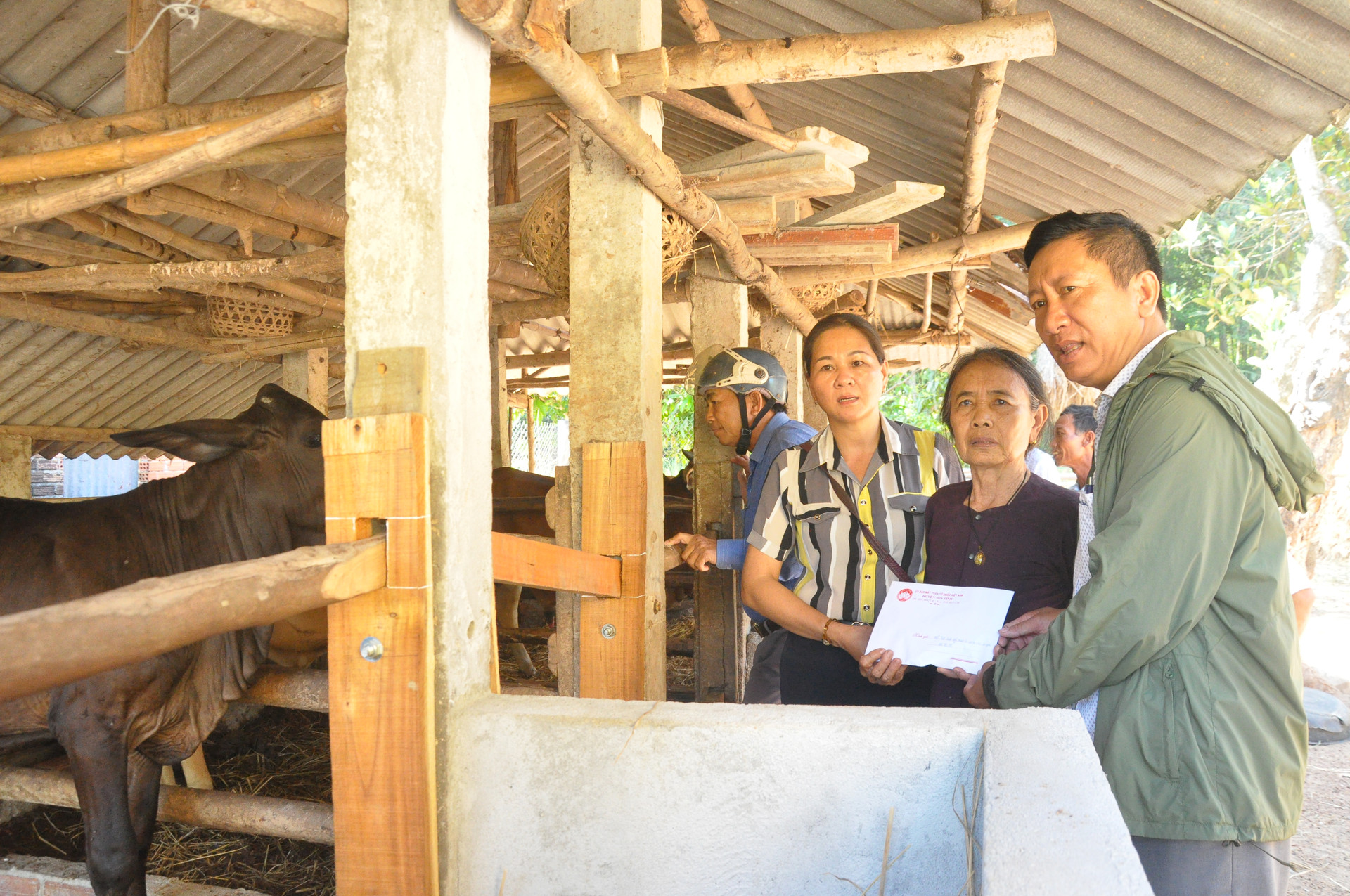 Phó Chủ tịch Ủy ban MTTQ Việt Nam huyện Sơn Tịnh hỗ trợ tiền mua bò giống cho bà Nguyễn Thị Hồng ở thôn Thọ Bắc, xã Tịnh Thọ.