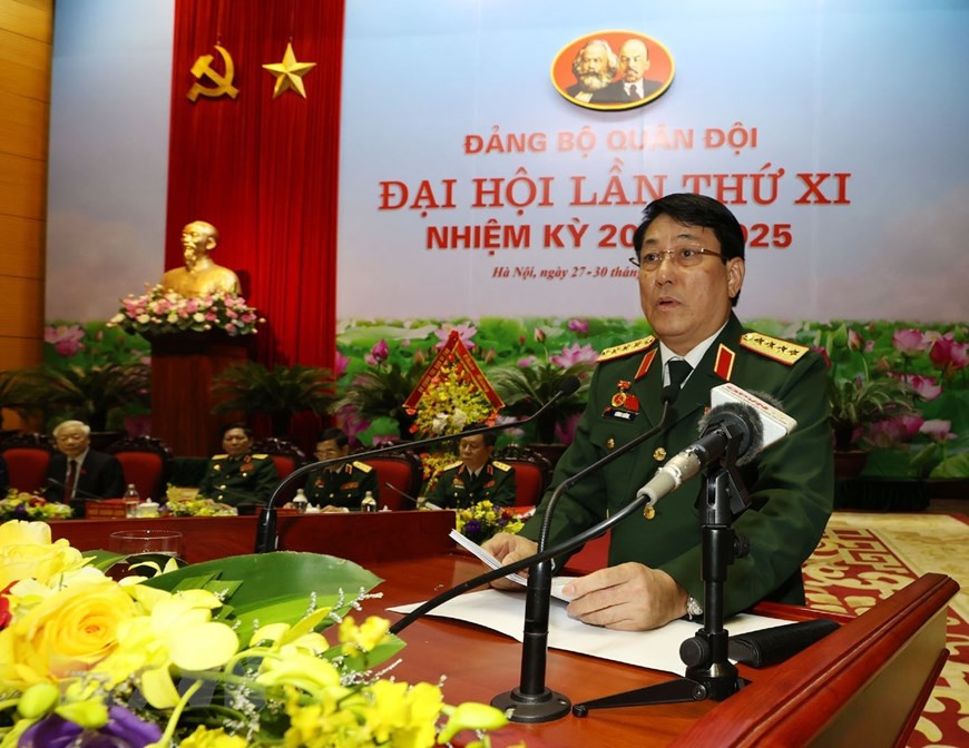 Đại tướng Lương Cường, Bí thư Trung ương Đảng, Chủ nhiệm Tổng cục Chính trị Quân đội nhân dân Việt Nam phát biểu. (Ảnh: Trí Dũng/TTXVN)