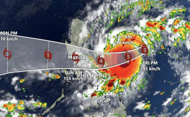 Mô phỏng đường đi của bão Goni. Cơn bão dự kiến sẽ vượt qua Philippines, đi vào Biển Đông và hướng thẳng về phía miền Trung Việt Nam (Ảnh: theweathernetwork).