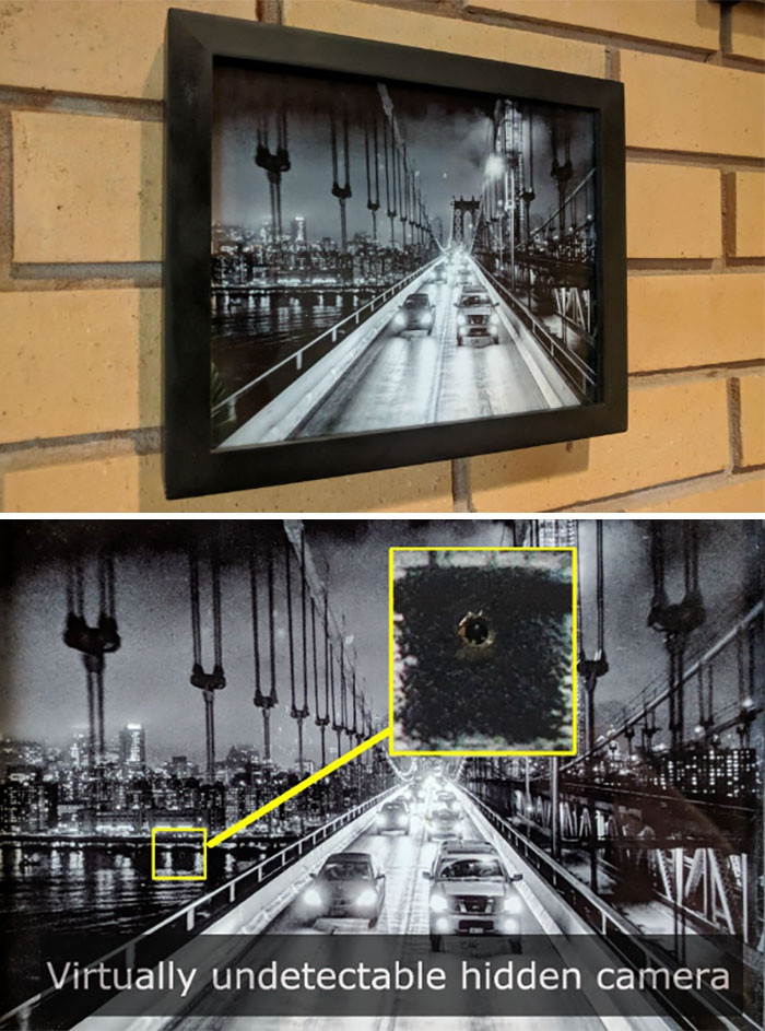 Camera được giấu đằng sau một bức tranh treo tường, mà nếu chỉ dùng mắt thường thì gần như không thể phát hiện.
