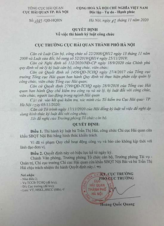 Quyết định kỷ luật đối với bà Trần Thị Hải- công chức Chi cục Hải quan Sân bay quốc tế Nội Bài.