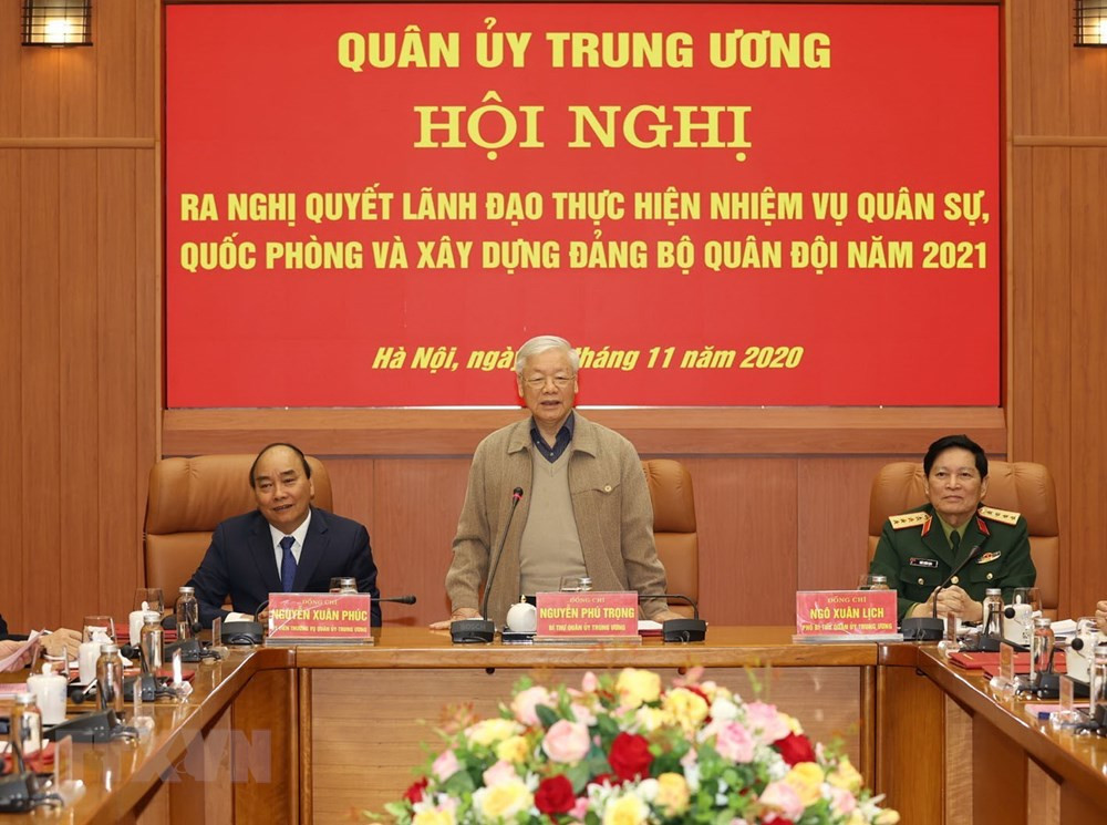 Tổng Bí thư, Chủ tịch nước Nguyễn Phú Trọng, Bí thư Quân ủy Trung ương phát biểu kết luận Hội nghị. (Ảnh: Trí Dũng/TTXVN).