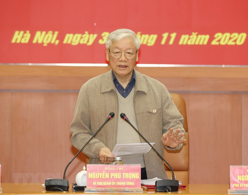 Tổng Bí thư, Chủ tịch nước Nguyễn Phú Trọng, Bí thư Quân ủy Trung ương phát biểu kết luận Hội nghị. (Ảnh: Trí Dũng/TTXVN).