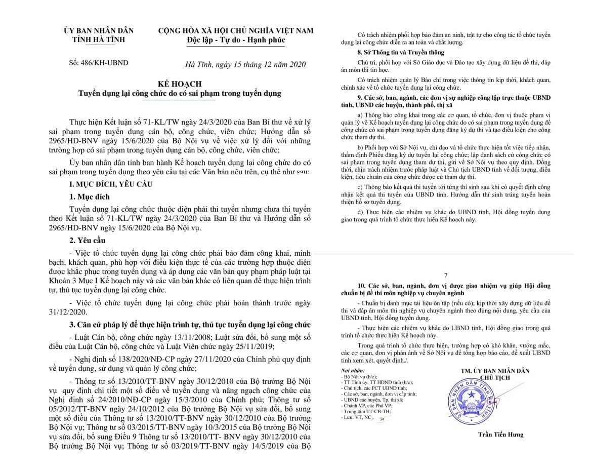 Ngày 15/12, Chủ tịch UBND tỉnh Hà Tĩnh Trần Tiến Hưng mới ban hành kế hoạch tuyển dụng lại công chức.