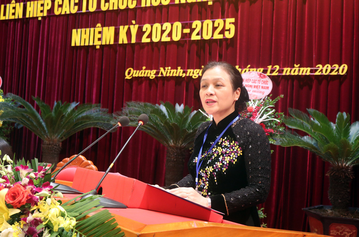 Bà Nguyễn Phương Nga, Chủ tịch Liên hiệp các tổ chức hữu nghị Việt Nam phát biểu tại Đại hội.