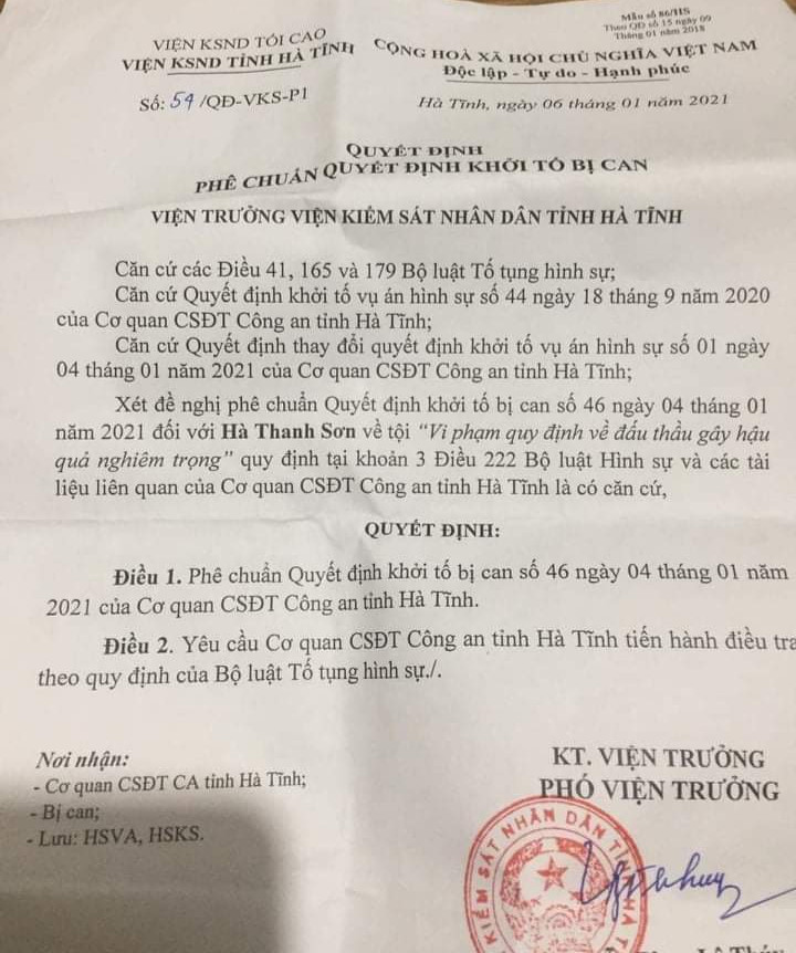 Quyết định khởi tố bị can Hà Thanh Sơn, nguyên Giám đốc Bệnh viện đa khoa huyện Nghi Xuân.