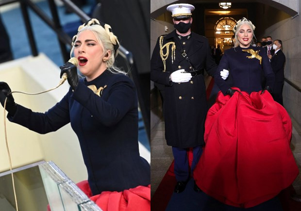 Lady Gaga chọn thiết kế đầm với hai phối màu chủ đạo là đen và đỏ cùng chiếc cài áo mang hình ảnh chim bồ câu ngậm cành olive - biểu tượng của sự hòa bình của Schiaparelli.