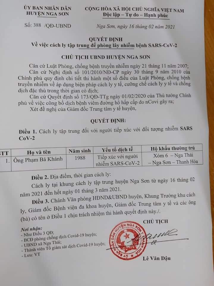Ban chỉ đạo phòng, chống dịch Covid-19 huyện Nga Sơn ra quyết định cách ly với trường hợp F1 trở về từ Hải Dương.
