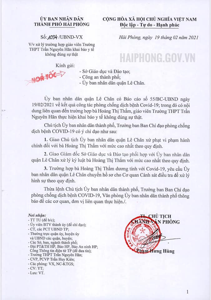 Văn bản của UBND TP Hải Phòng yêu cầu xử lý đối với bà Thắm do khai báo không trung thực.