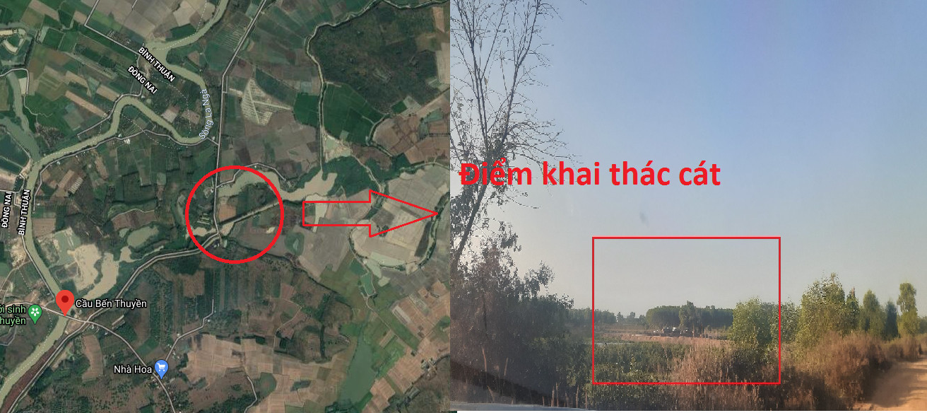 Một điểm khai thác cát chụp từ vệ tinh và thực tế (vùng khoanh đỏ) được xác định là ở xã Đức Tín