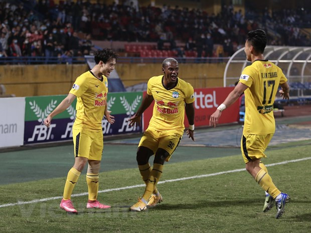 Hoàng Anh Gia Lai đều ghi những bàn thắng liên tục trong khoảng 15 phút kể từ bàn đầu tiên. (Ảnh: Hiển Nguyễn/Vietnam+) .