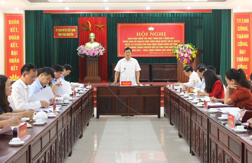 Ông Phạm Thái Hanh, Chủ tịch UBMTTQ tỉnh Thái Nguyên phát biểu tại hội nghị.
