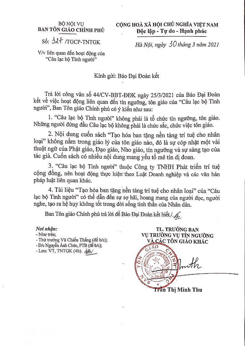 Công văn số 327/TGCP-TNTGK của Ban Tôn giáo Chính phủ khẳng định cuốn 