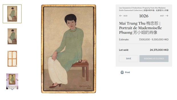 Bức 'Chân dung cô Phượng' của họa sỹ Mai Trung Thứ được bán với giá hơn 24 triệu HKD, tương đương 3,1 triệu USD trên trang Sothebys.com. (Ảnh chụp màn hình).