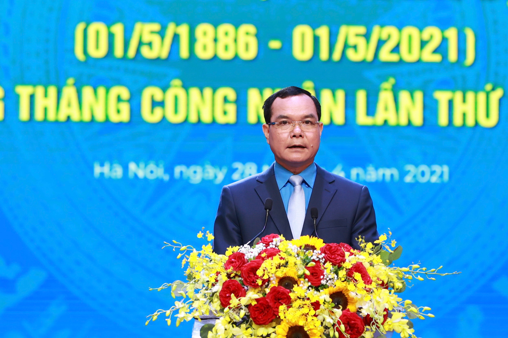 Ủy viên Trung ương Đảng, Chủ tịch Tổng LĐLĐ Việt Nam Nguyễn Đình Khang phát biểu tại lễ kỷ niệm. 