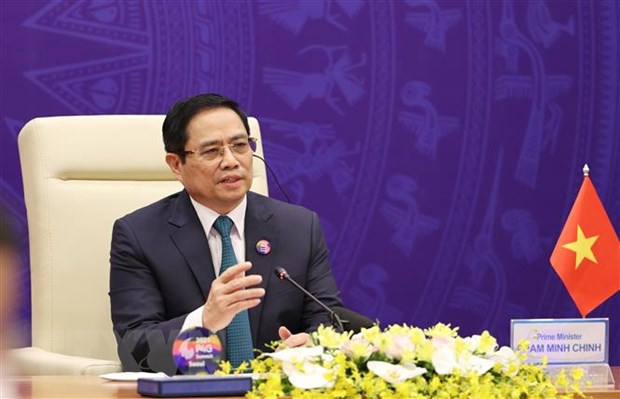 Thủ tướng Chính phủ Phạm Minh Chính phát biểu tại Hội nghị Thượng đỉnh Đối tác về Tăng trưởng xanh và Mục tiêu toàn cầu 2030. (Ảnh: Dương Giang/TTXVN).