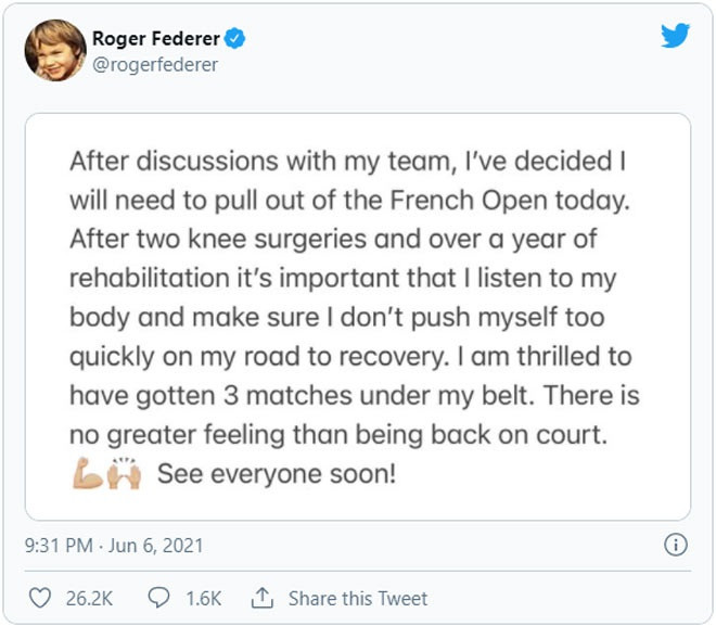 Roger Federer thông báo rút lui khỏi giải Roland Garros.
