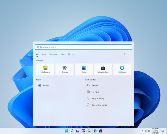 Giao diện mới trên Windows 11 với nút Start và các biểu tượng được đưa ra giữa thanh taskbar.