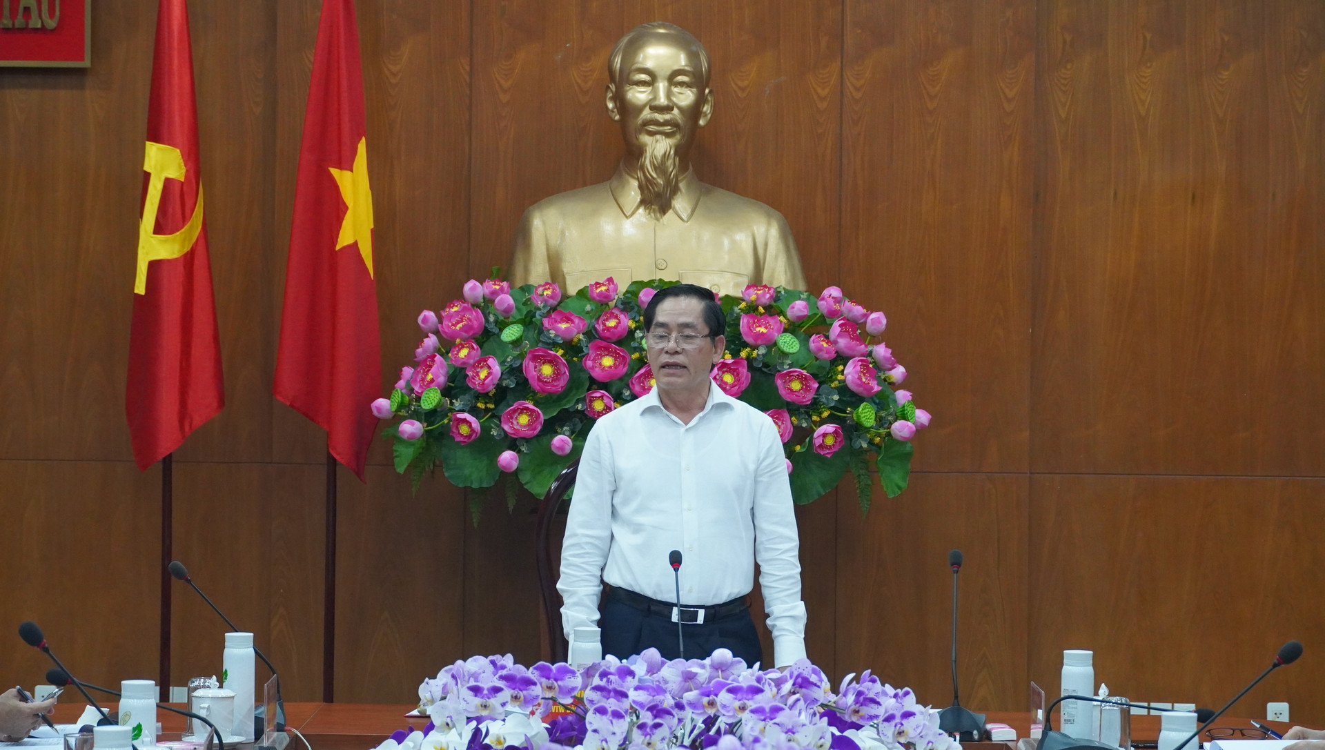 Ông Phạm Viết Thanh, Ủy viên Trung ương Đảng, Bí thư Tỉnh ủy phát biểu tại cuộc họp.