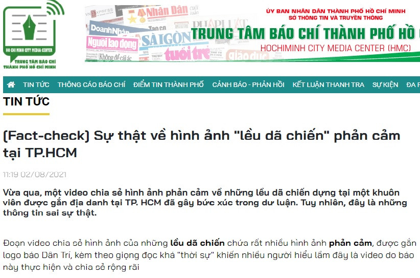 Phản bác của Trung tâm Báo chí TP Hồ Chí Minh về thông tin sai sự thật vào ngày 2/8. 