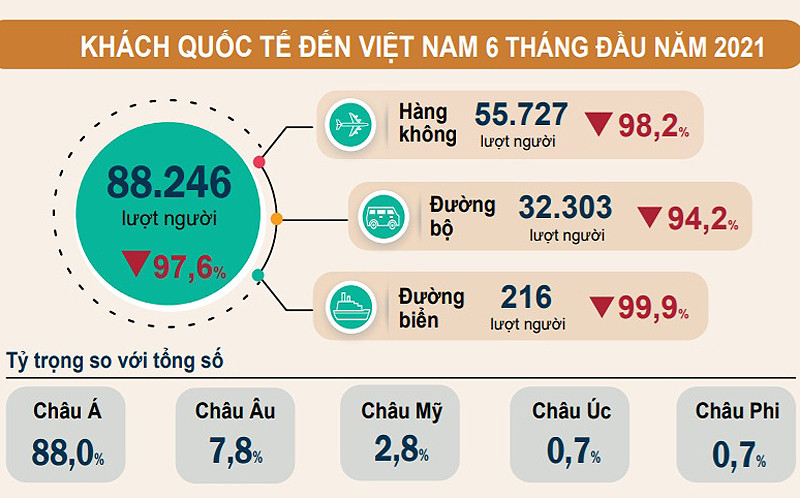 Infografic số lượng khách quốc tế đến Việt Nam 6 tháng đầu năm 2021. Nguồn: Tổng cục thống kê.