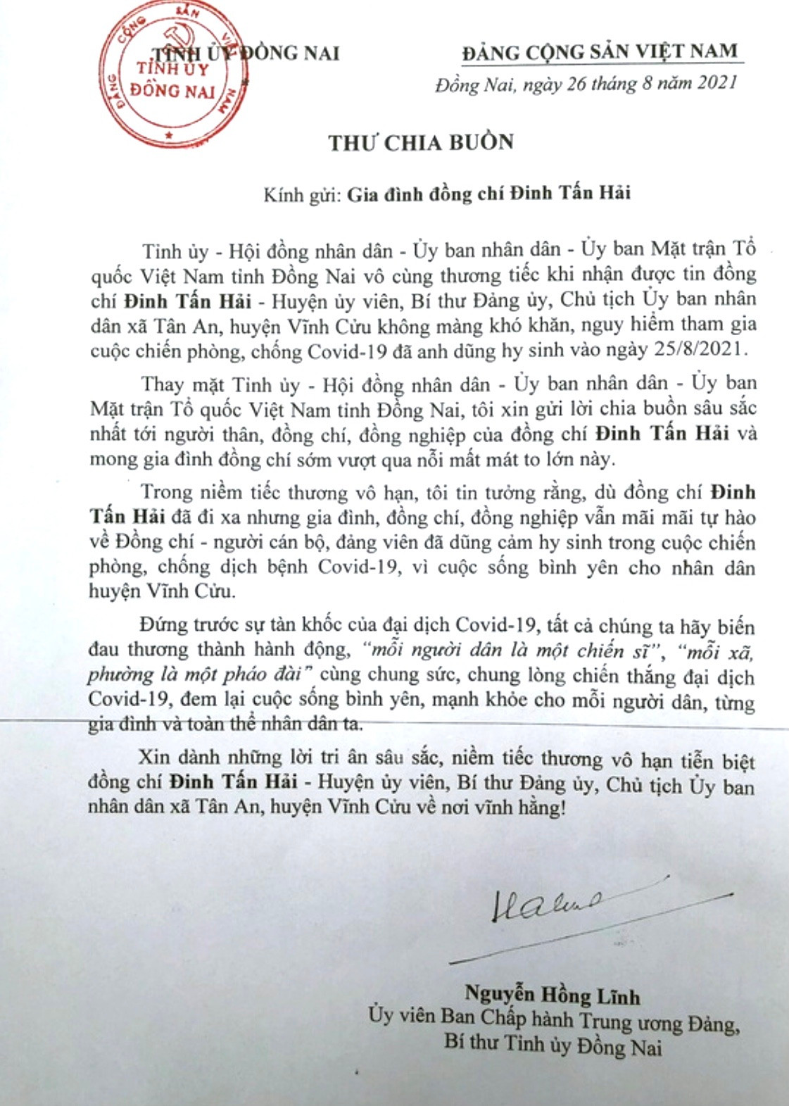 Thư chia buồn của Bí thư Tỉnh ủy Đồng Nai gửi đến thân nhân gia đình chủ tịch xã Tân An. 