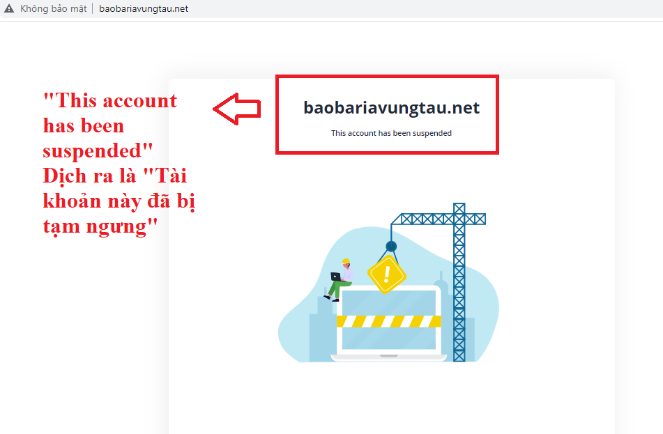 Tên miền “baobariavungtau.net” sáng 3-9 có thông báo “tài khoản này đã bị tạm ngưng”.