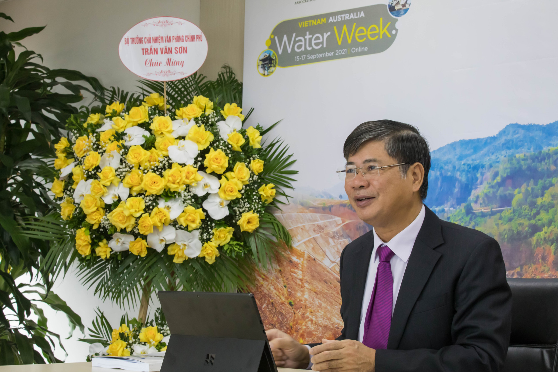 Ông Nguyễn Ngọc Điệp, Chủ tịch Hội Cấp thoát nước Việt Nam phát biểu tại phiên khai mạc Tuần lễ ngành nước Việt Nam -Úc 2021