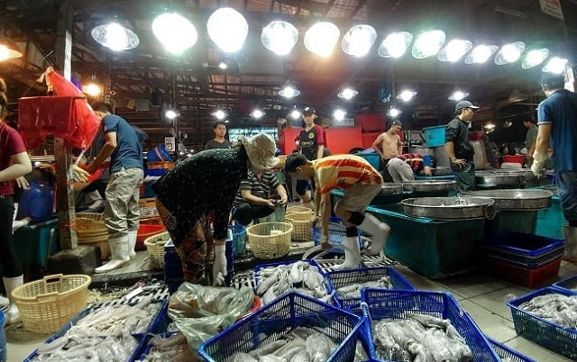 Trước khi đóng cửa vì dịch bệnh, hàng thủy hải sản về chợ Bình Điền rất nhiều.