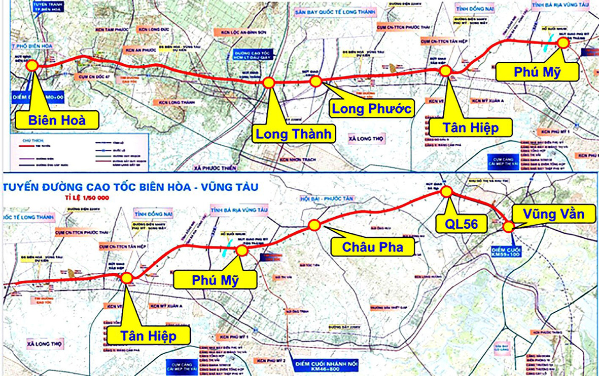 Sơ đồ đường cao tốc Biên Hòa-Vũng Tàu (đường màu đỏ).