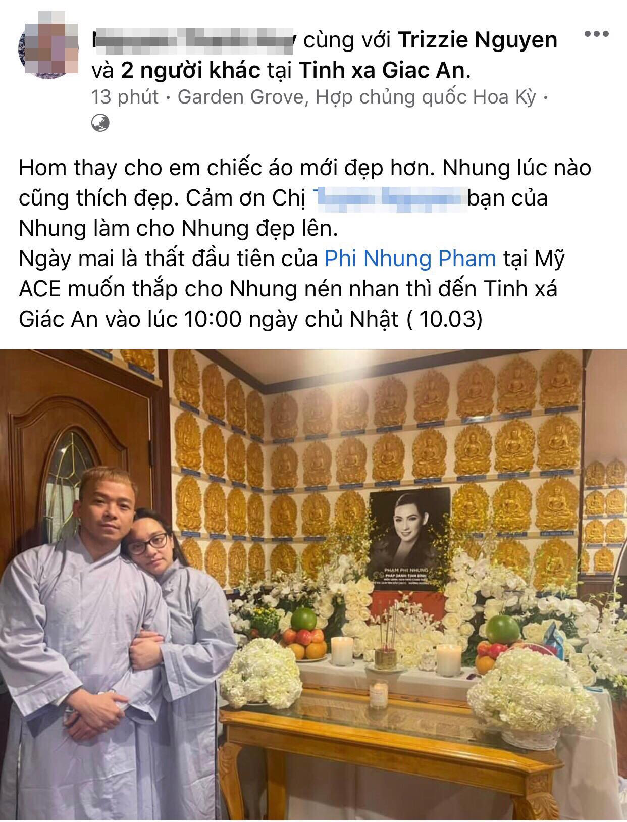 Con gái ca sĩ Phi Nhung tại Mỹ đã lập bàn thờ cúng thất cho mẹ đầu ở chùa.