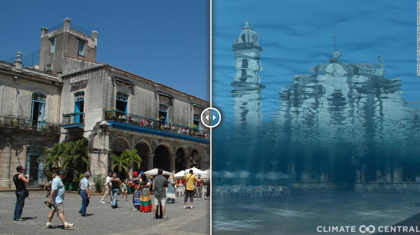 Hình ảnh Quảng trường Nhà thờ (Plaza de la Catedral) ở thủ đô Havana, Cuba khi mực nước biển dâng cao. Ảnh: CNN