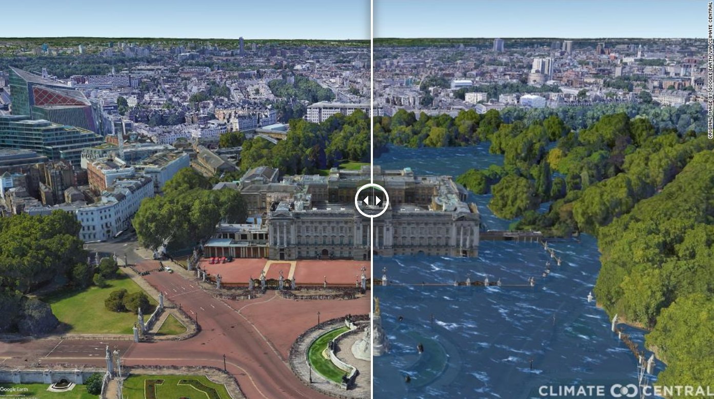 Cung điện Buckingham ở thủ đô London khi mực nước biển dâng cao do sự nóng lên toàn cầu. Ảnh: CNN