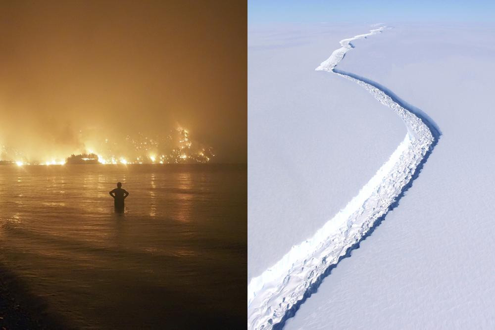 2 nửa bức tranh cho thấy 2 tình trạng trái ngược nhau gây ra do biến đổi khí hậu. Phía bên trái là hình ảnh đám cháy rừng trên hòn đảo Evia, Hy Lạp, phía bên phải là vết nứt trên thềm băng Larsen C thuộc bán đảo Nam Cực được chụp lại bởi NASA. Ảnh: AP.