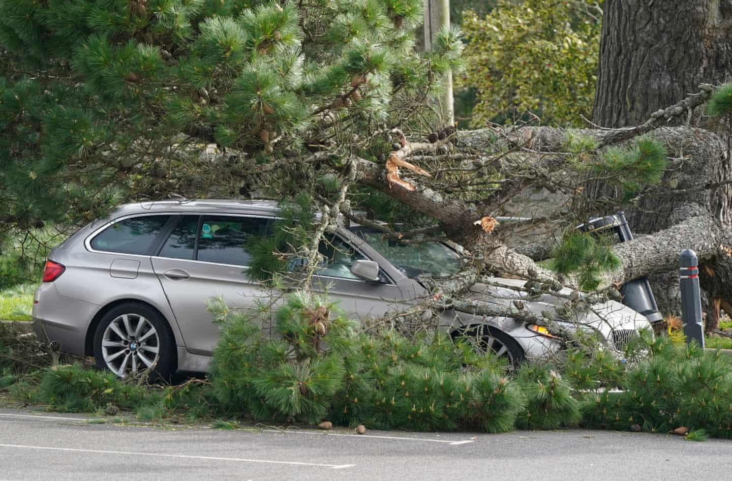 Một cành cây rơi trúng chiếc xe trong bãi đậu. Ảnh: Andrew Matthews / PA.