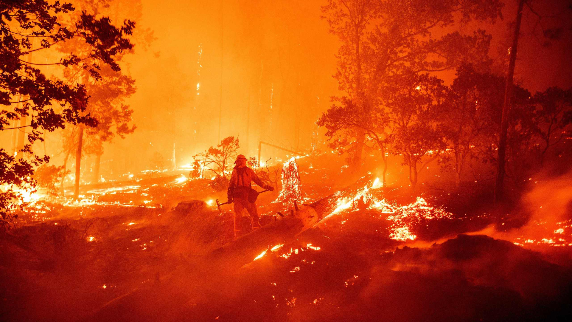 Một lính cứu hỏa chiến đấu với ngọn lửa trong đám cháy Creek ở khu vực Cascadel Woods, California, vào tháng 9/2020. Ảnh: CNN.