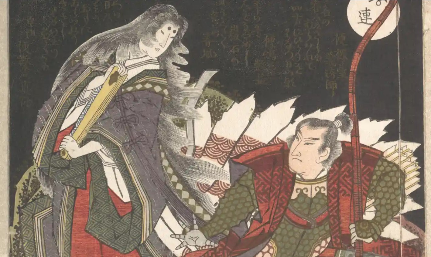 Tamamo no Mae đối mặt với một chiến binh khi nàng biến thành một con cáo chín đuôi trong tác phẩm khắc gỗ của Yashima Gakutei. Ảnh: Japan Times.
