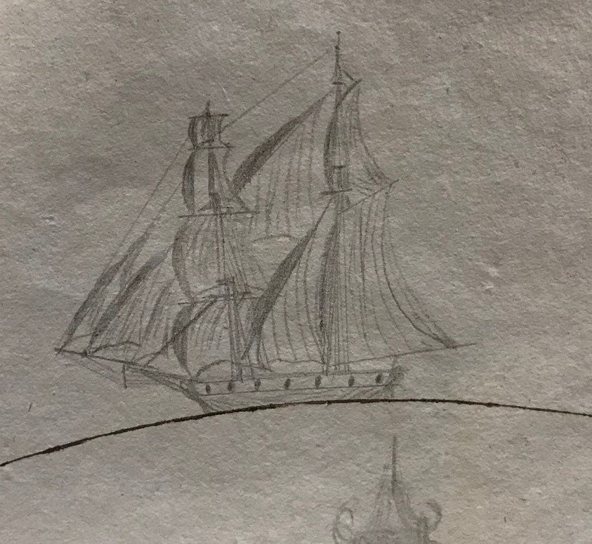 Bản phác thảo về con tàu săn cá voi Industry được tìm thấy bên trong một cuốn nhật ký năm 1828 tại Bảo tàng Cá voi New Bedford. Ảnh: abc7.