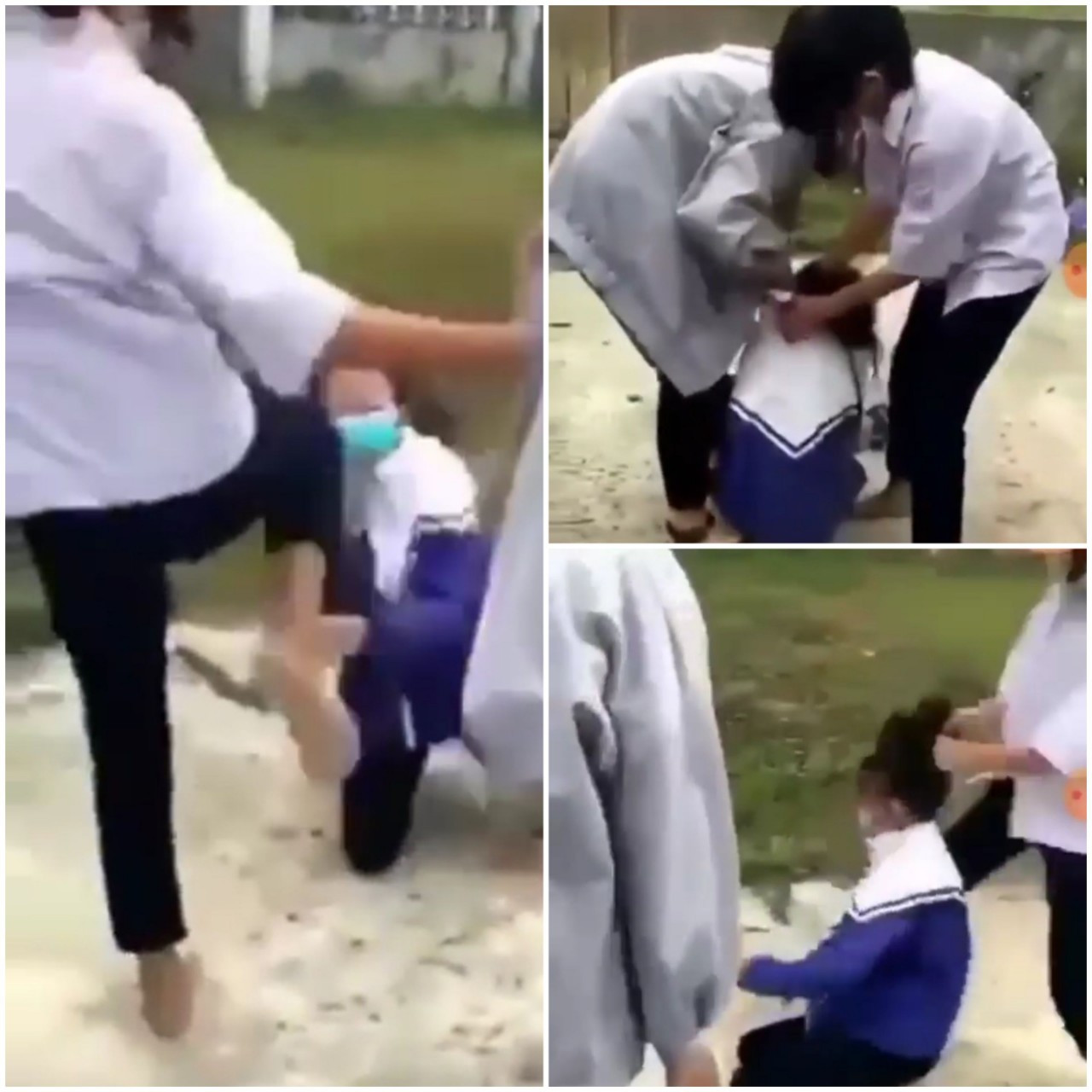 L. bị 2 học sinh lớp 8 khác đánh đập túi bụi và bắt quỳ xin lỗi (Ảnh: cắt từ video).