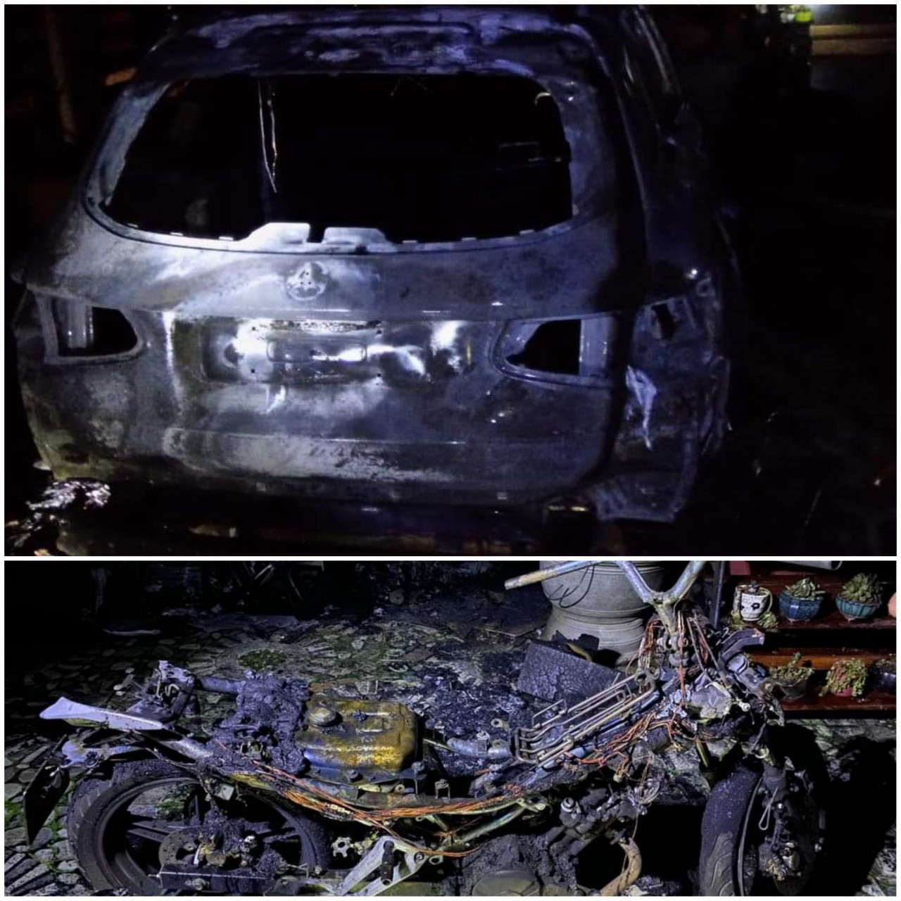 Đám cháy đã làm hư hỏng hoàn toàn 1 xe ô tô bốn chỗ và 1 xe máy (Ảnh: Phòng Cảnh sát PCCC và CNCH Công an tỉnh Quảng Trị).