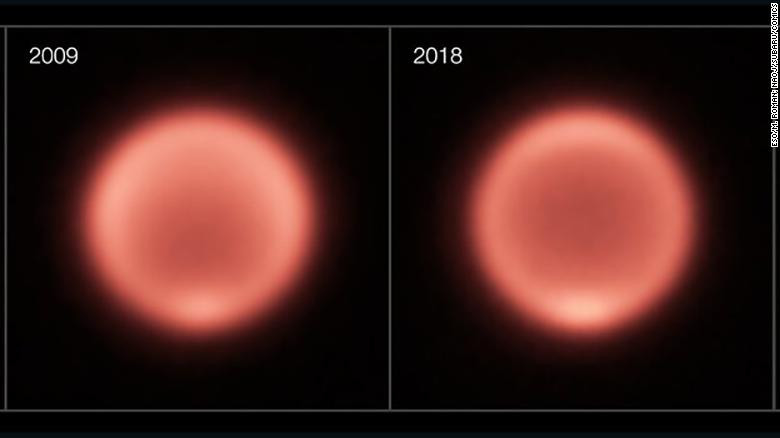 Hình ảnh nhiệt cho thấy sự thay đổi nhiệt độ trên Sao Hải Vương theo thời gian. Ảnh: CNN.