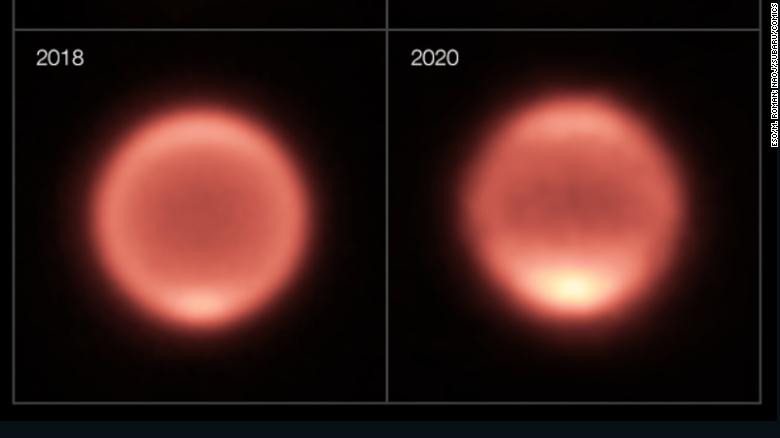 Độ sáng ngày càng tăng có thể được nhìn thấy ở cực nam của Sao Hải Vương trong khoảng thời gian từ năm 2018 đến năm 2020, cho thấy xu hướng ấm lên. Ảnh: CNN.