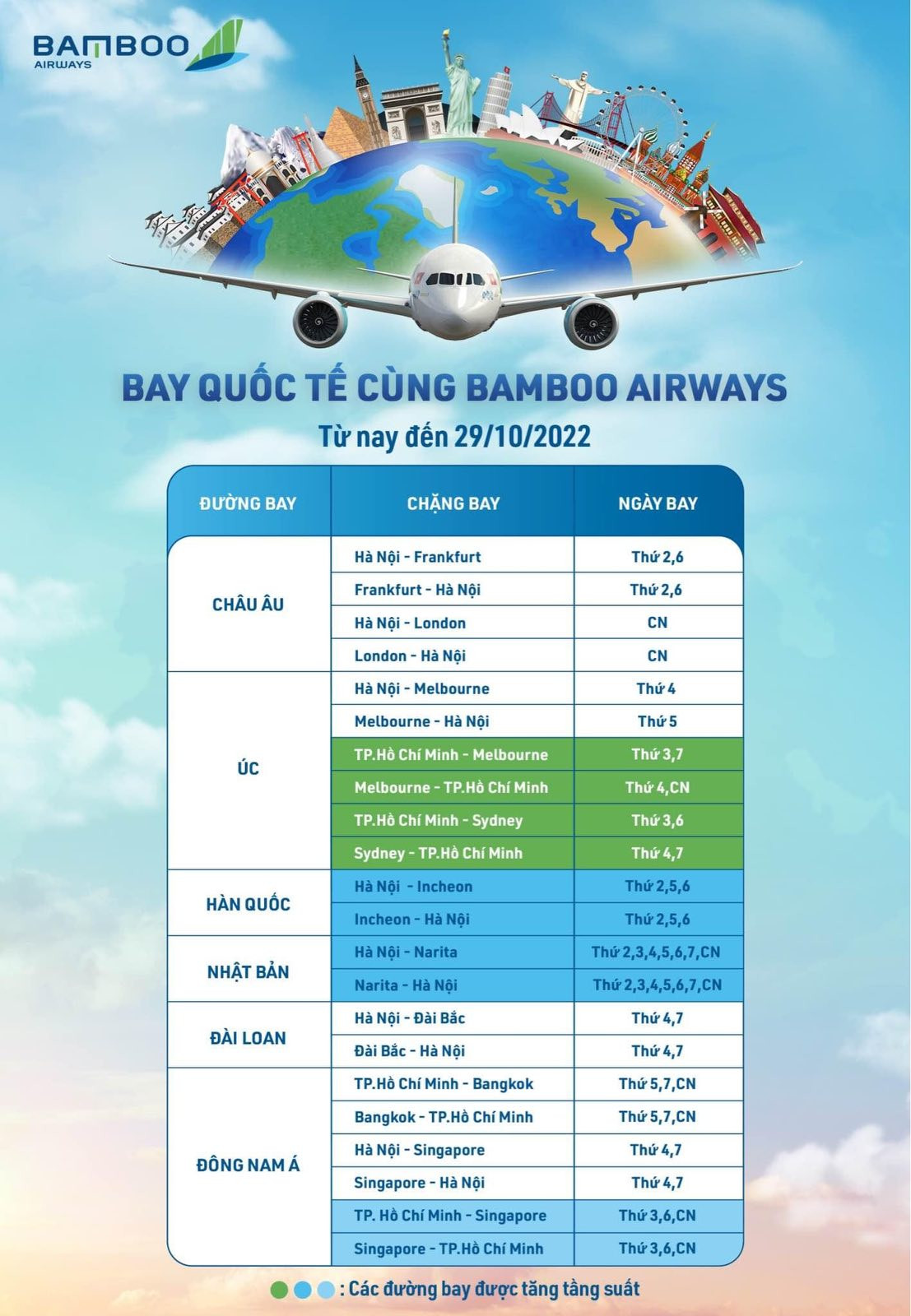 Lịch bay quốc tế từ nay đến 29/10/2022 của Bamboo Airways.