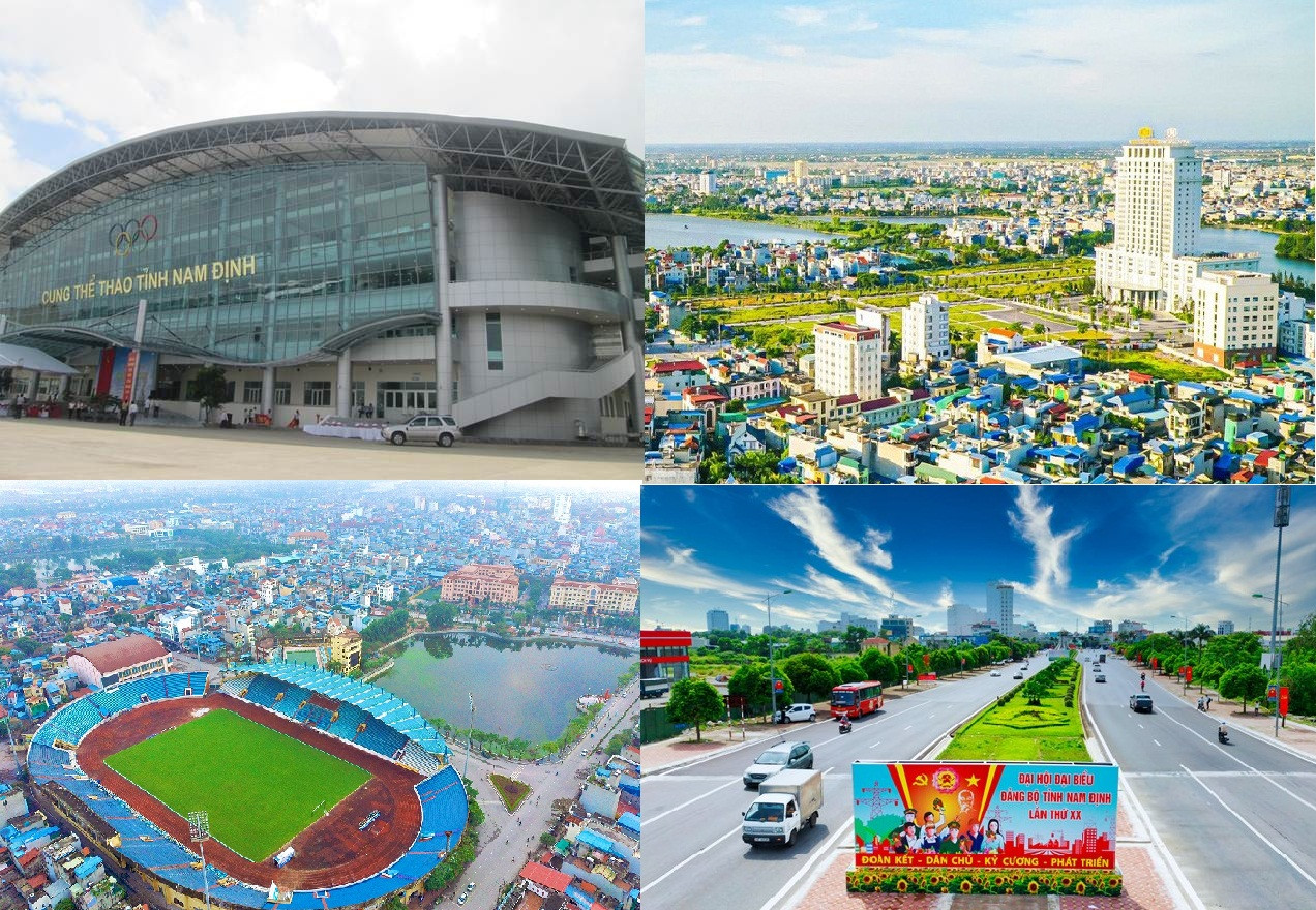 Trong công cuộc đổi mới, TP Nam Định đang ngày càng có thêm nhiều công trình hiện đại. Trong ảnh: Khách sạn Nam Cường, Sân vận động Thiên Trường, Cung thể thao Nam Định, Đại lộ Thiên Trường…