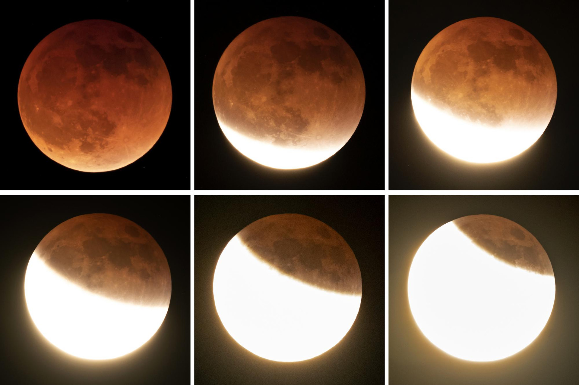 Mặt trăng tỏa sáng trong nguyệt thực toàn phần gần Moscow, Idaho. Màu cam của Mặt trăng là do Mặt trăng đi vào vùng bóng tối của Trái đất. Ảnh: AP.