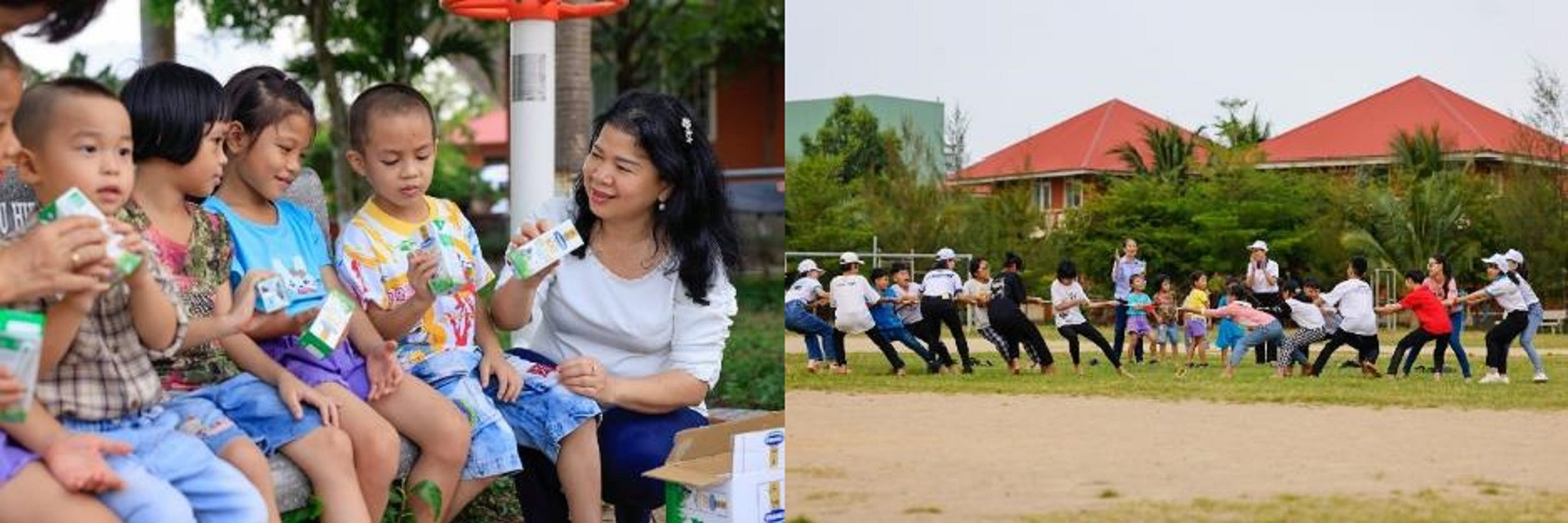Đoàn công tác Quỹ sữa và Vinamilk tham gia các hoạt động vui chơi cùng các em nhỏ.