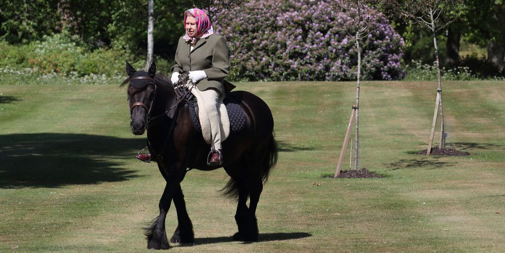 Nữ hoàng cưỡi ngựa trong Công viên Nhà Windsor trong kỳ nghỉ cuối tuần ở ngân hàng tháng 5 của Vương quốc Anh. Ảnh: Getty Images.