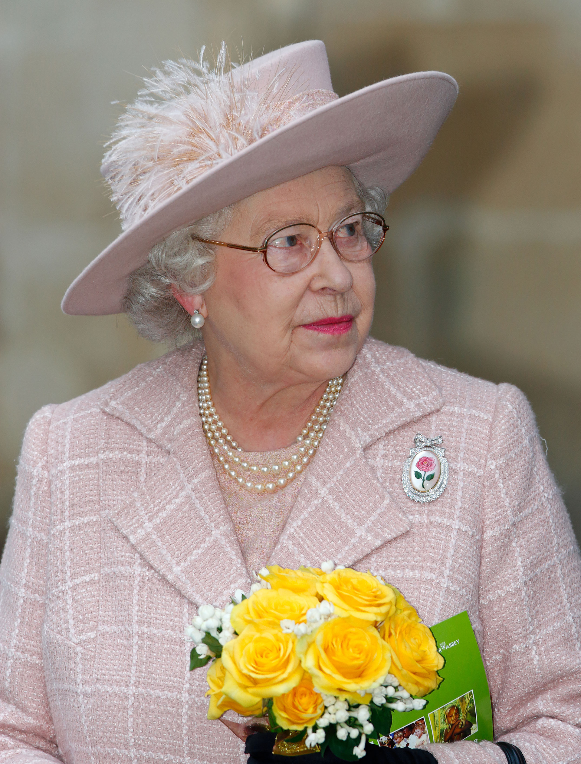 Nữ hoàng mặc chiếc Trâm cài áo của Rose Centenary vào năm 2008. Ảnh: Getty Images.