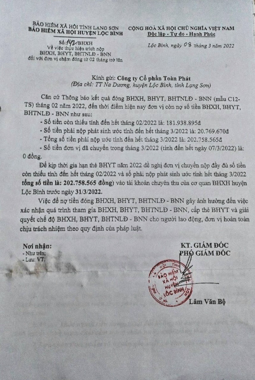 Thông báo nợ hàng trăm triệu đồng từ BHXH huyện Lộc Bình đến Công ty Cổ phần Toàn Phát